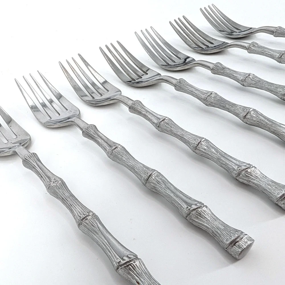 Oxford Hall Bamboo Handle Forks Set of 7 Stainless Steel Japan Vintage 7.25in